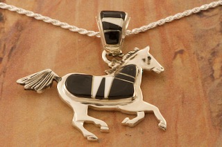 Calvin Begay Genuine Acoma Jet Sterling Silver Horse Pendant